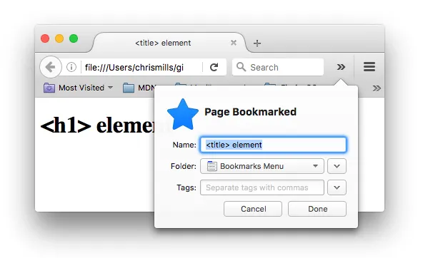 在 Firefox 浏览器中，一个网页被添加了书签；书签的名称已经自动填入了 'title' 元素的内容。